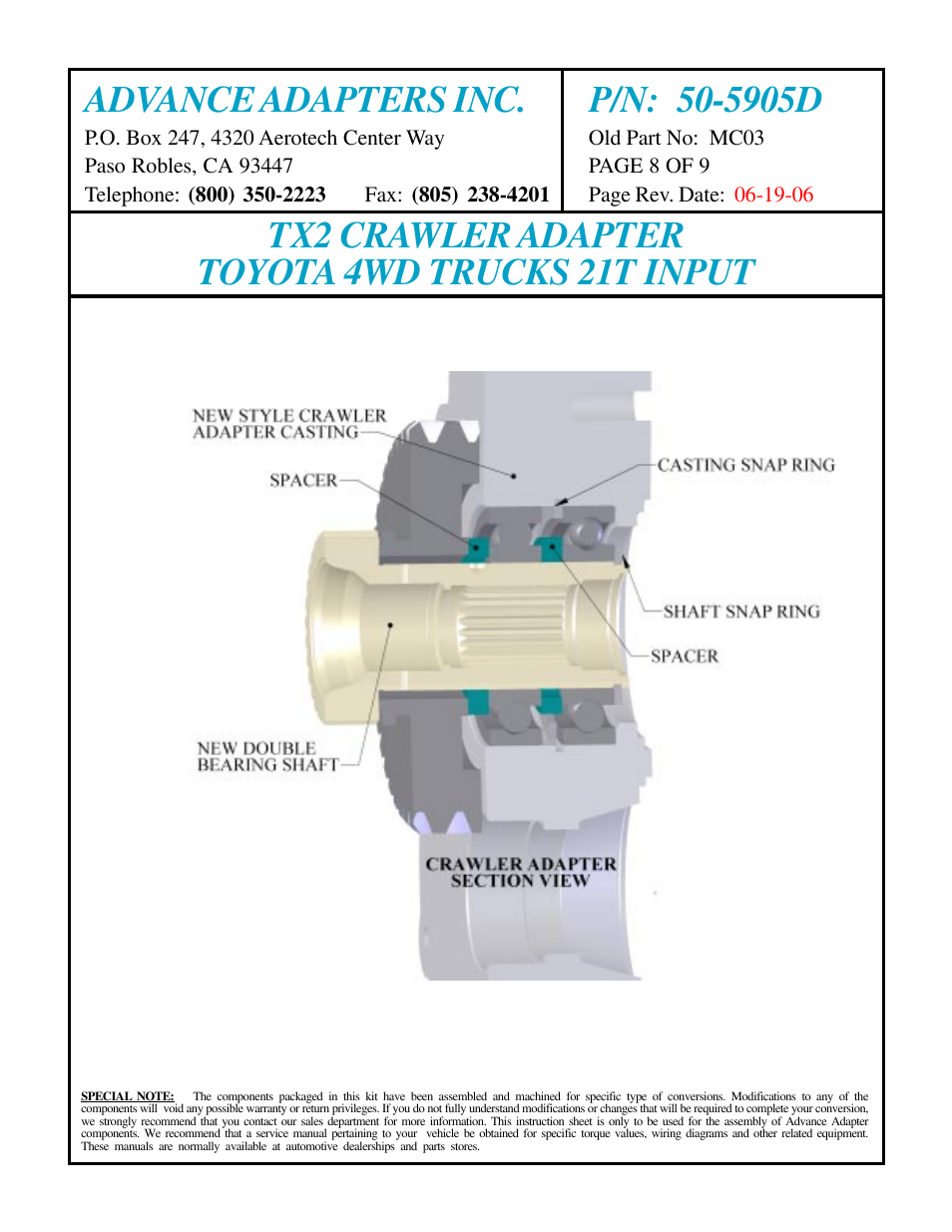 Tx2 crawler adapter toyota 4wd trucks 21t input | Advance Adapters 50-5905D User Manual | Page 8 / 9