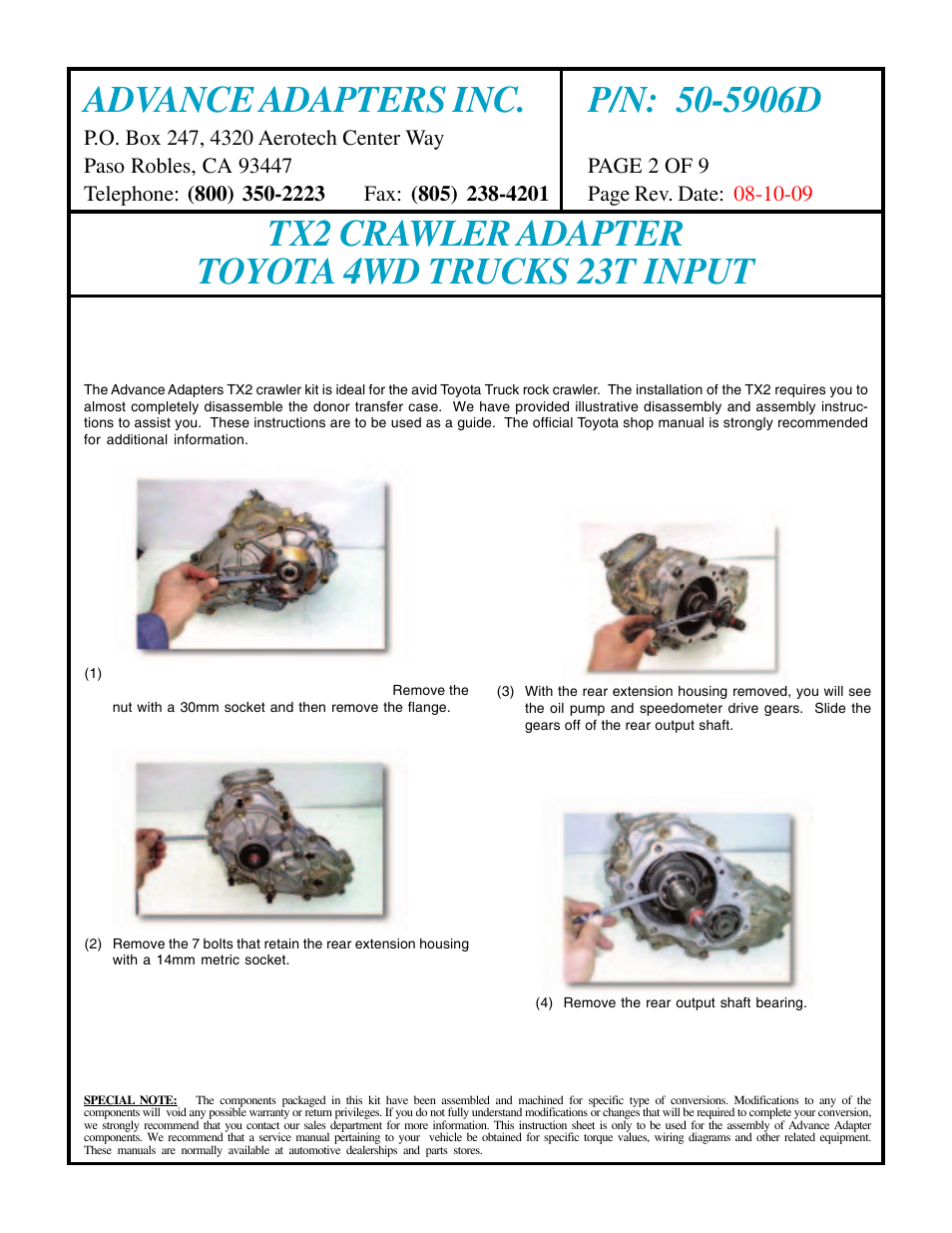 Tx2 crawler adapter toyota 4wd trucks 23t input, Disassembly procedures | Advance Adapters 50-5906D User Manual | Page 2 / 9