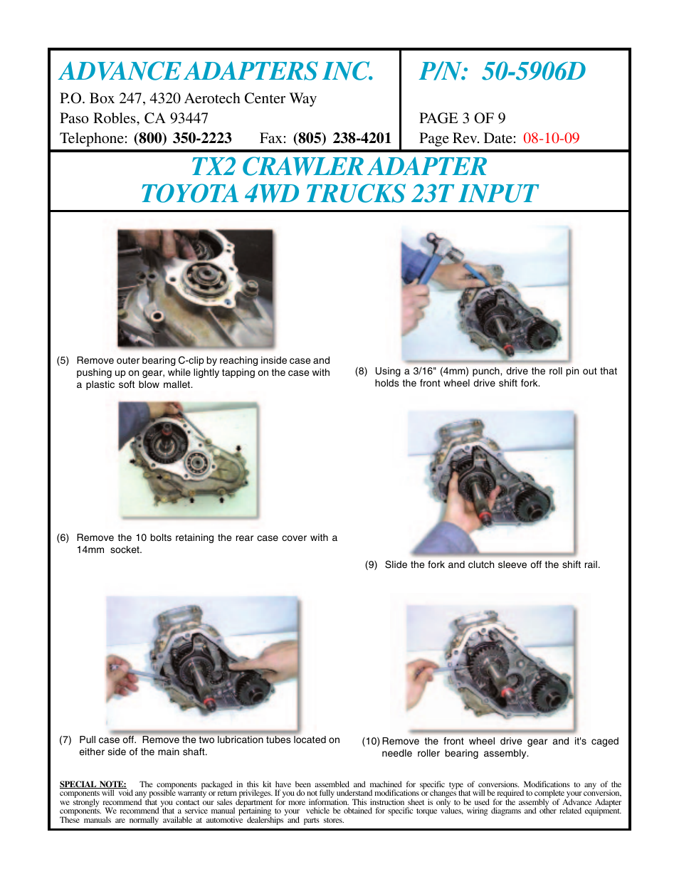 Tx2 crawler adapter toyota 4wd trucks 23t input | Advance Adapters 50-5906D User Manual | Page 3 / 9