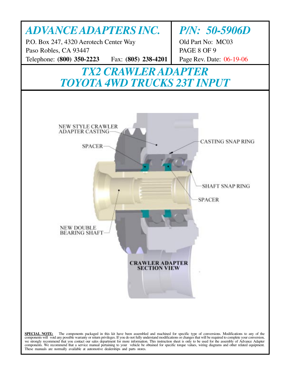 Tx2 crawler adapter toyota 4wd trucks 23t input | Advance Adapters 50-5906D User Manual | Page 8 / 9