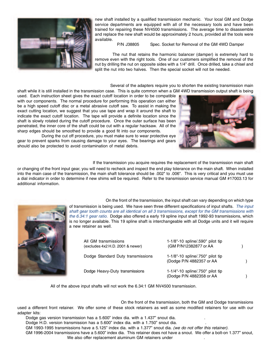 Main shaft modifications, Main shaft end play, Gm & dodge input shafts | Gm & dodge front retainers | Advance Adapters AX15 User Manual | Page 14 / 57