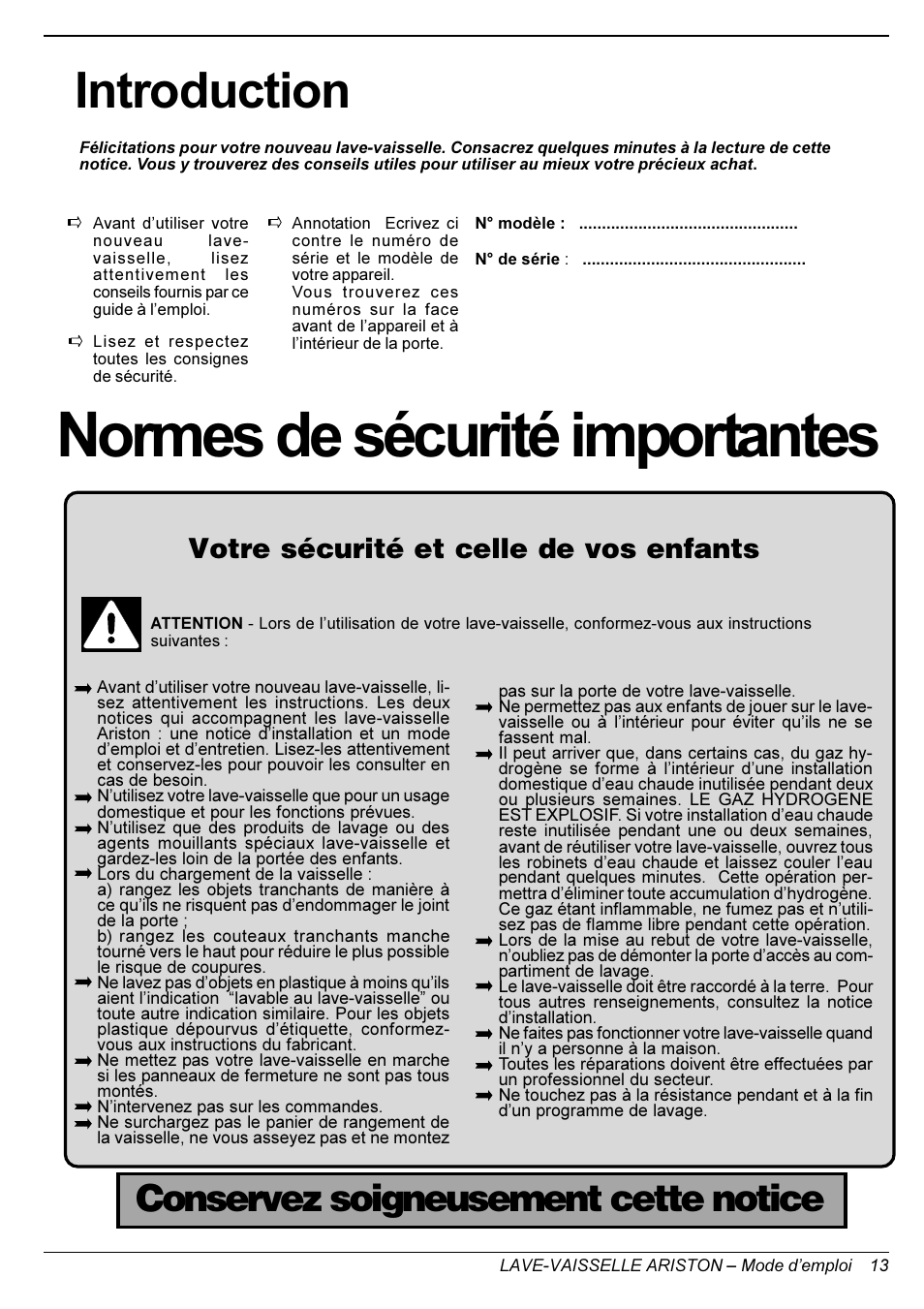 Normes de sécurité importantes, Introduction, Conservez soigneusement cette notice | Votre sécurité et celle de vos enfants | Ariston LI 700 I User Manual | Page 15 / 36