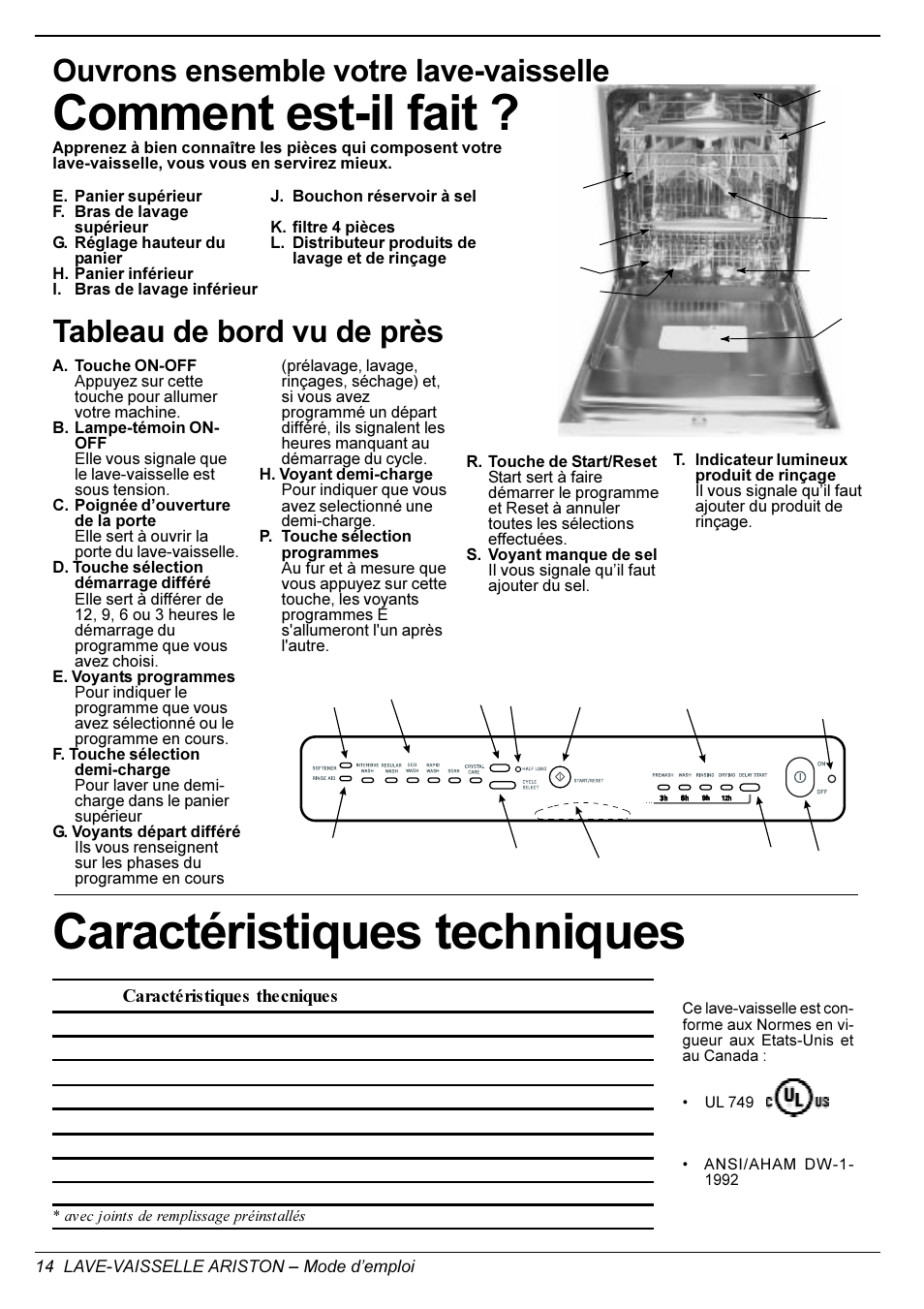 Comment est-il fait, Caractéristiques techniques, Tableau de bord vu de près | Ouvrons ensemble votre lave-vaisselle | Ariston LI 700 I User Manual | Page 16 / 36