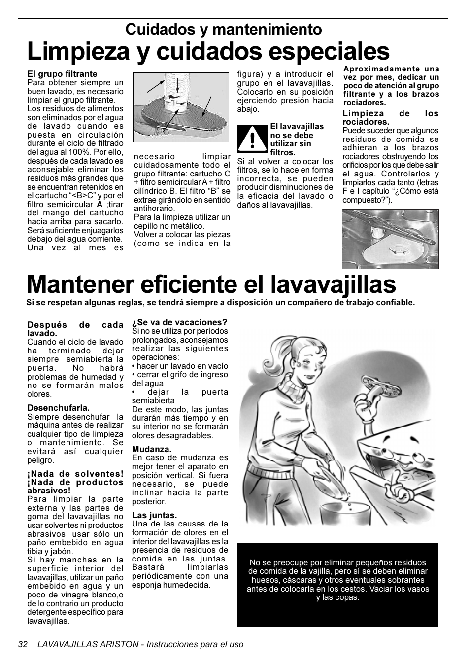 Mantener eficiente el lavavajillas, Limpieza y cuidados especiales, Cuidados y mantenimiento | Ariston LI 700 I User Manual | Page 34 / 36