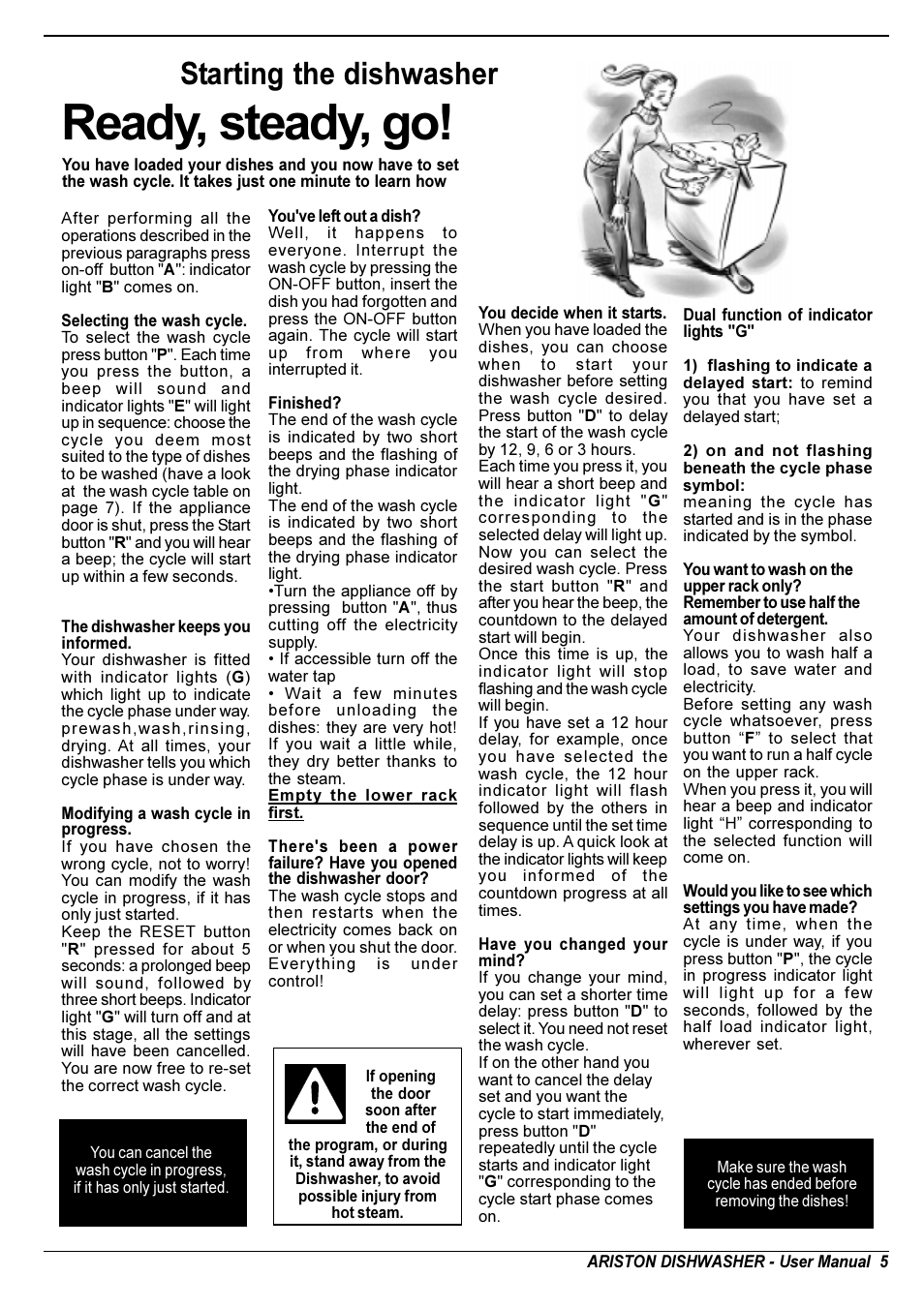 Ready, steady, go, Starting the dishwasher | Ariston LI 700 I User Manual | Page 7 / 36