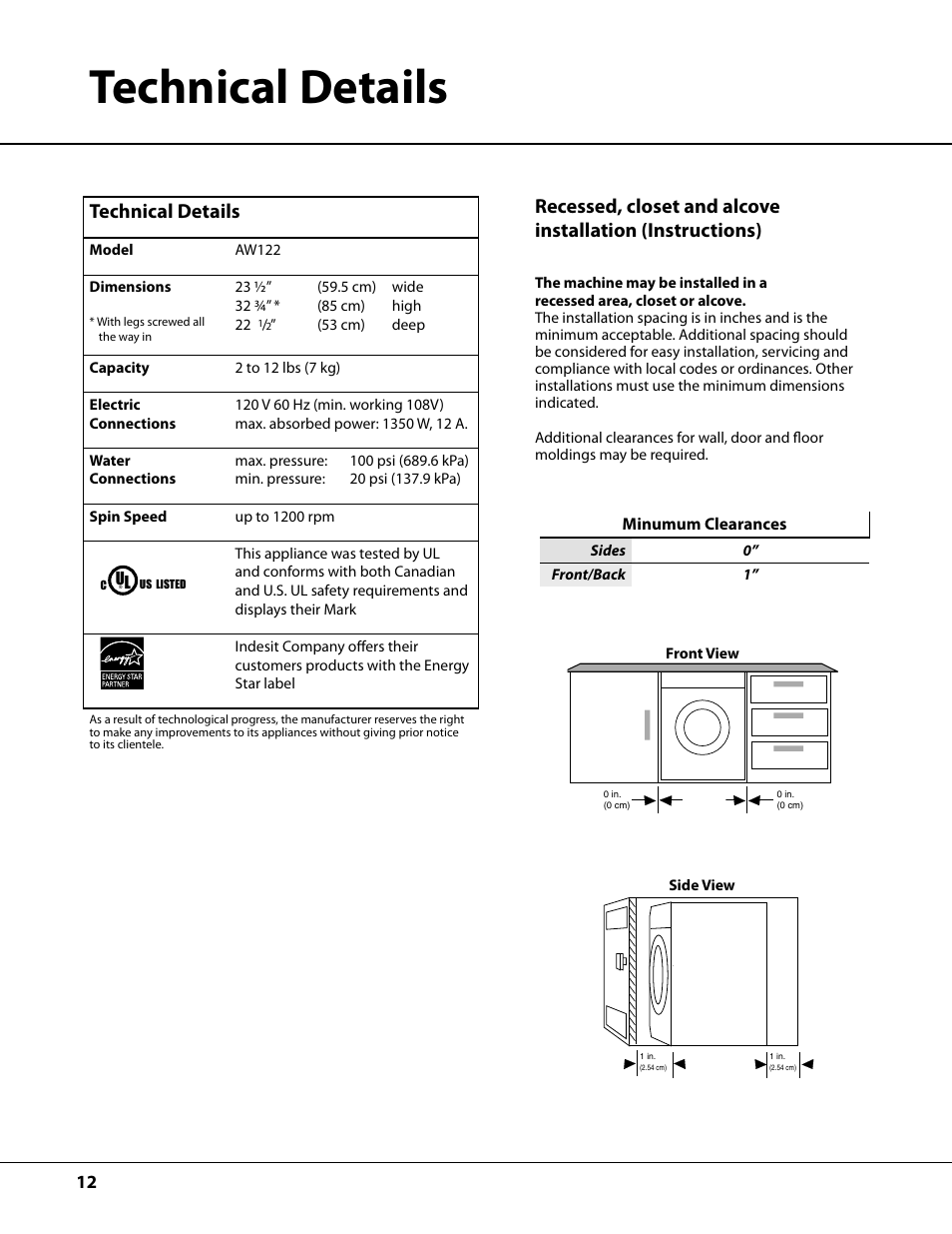 Technical details | Ariston AW122 User Manual | Page 12 / 20