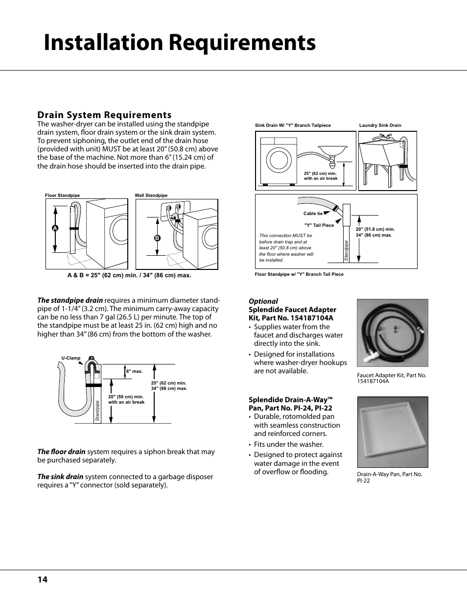 Installation requirements, Drain system requirements | Ariston AW122 User Manual | Page 14 / 20