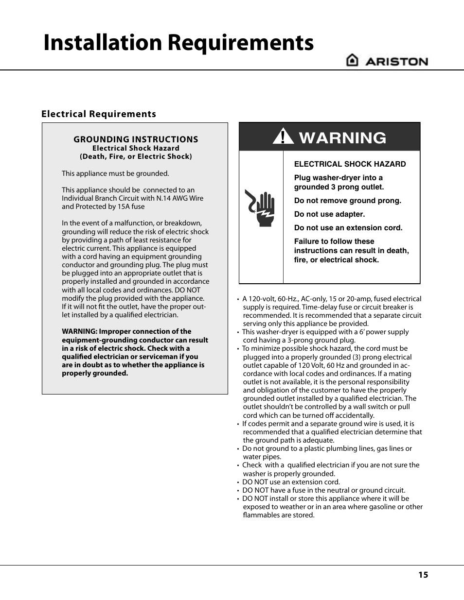 Installation requirements, Warning, Electrical requirements | Ariston AW122 User Manual | Page 15 / 20