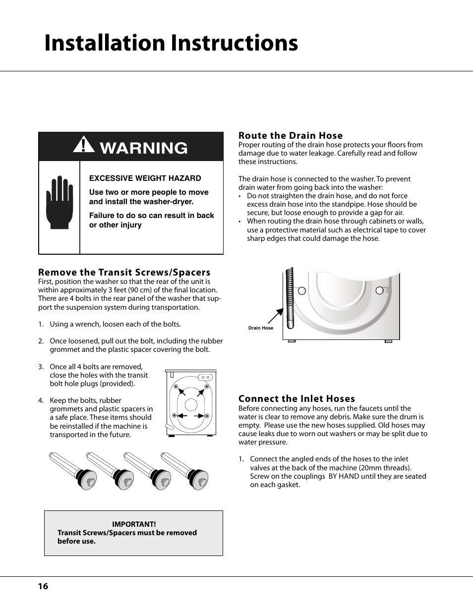 Installation instructions, Warning | Ariston AW122 User Manual | Page 16 / 20