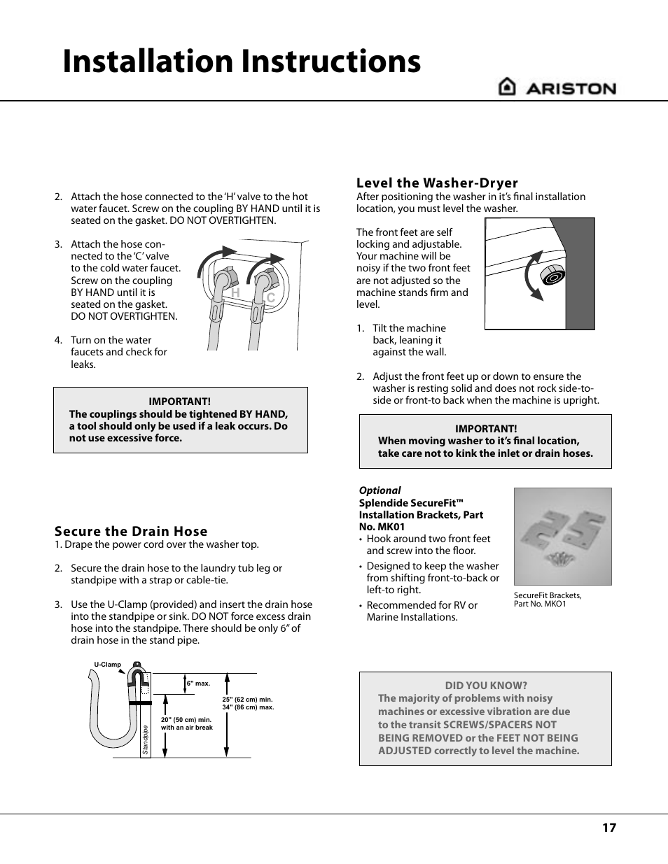 Installation instructions, Secure the drain hose, Level the washer-dryer | Ariston AW122 User Manual | Page 17 / 20
