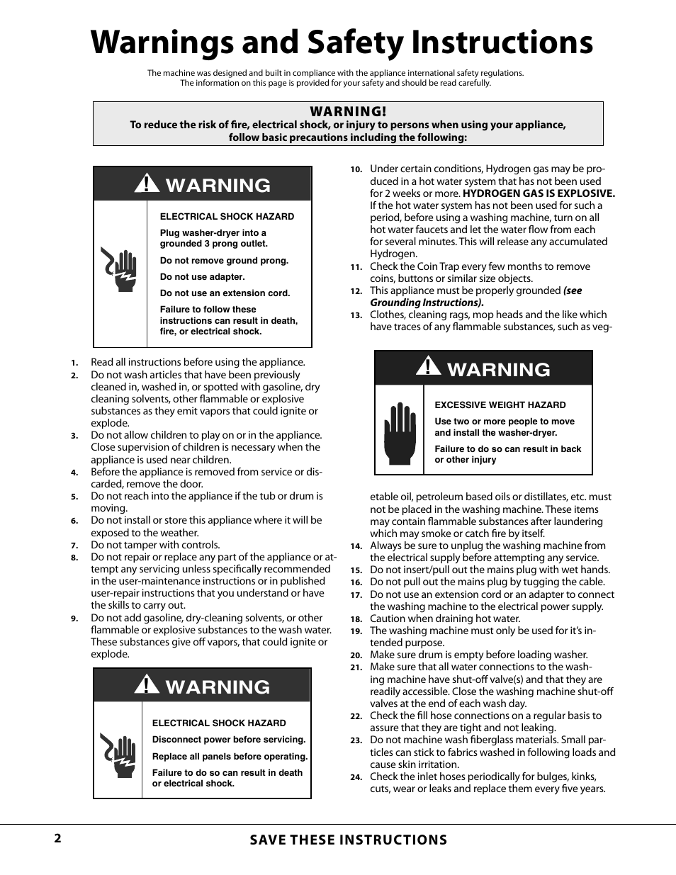 Warnings and safety instructions, Warning, Save these instructions | Ariston AW122 User Manual | Page 2 / 20