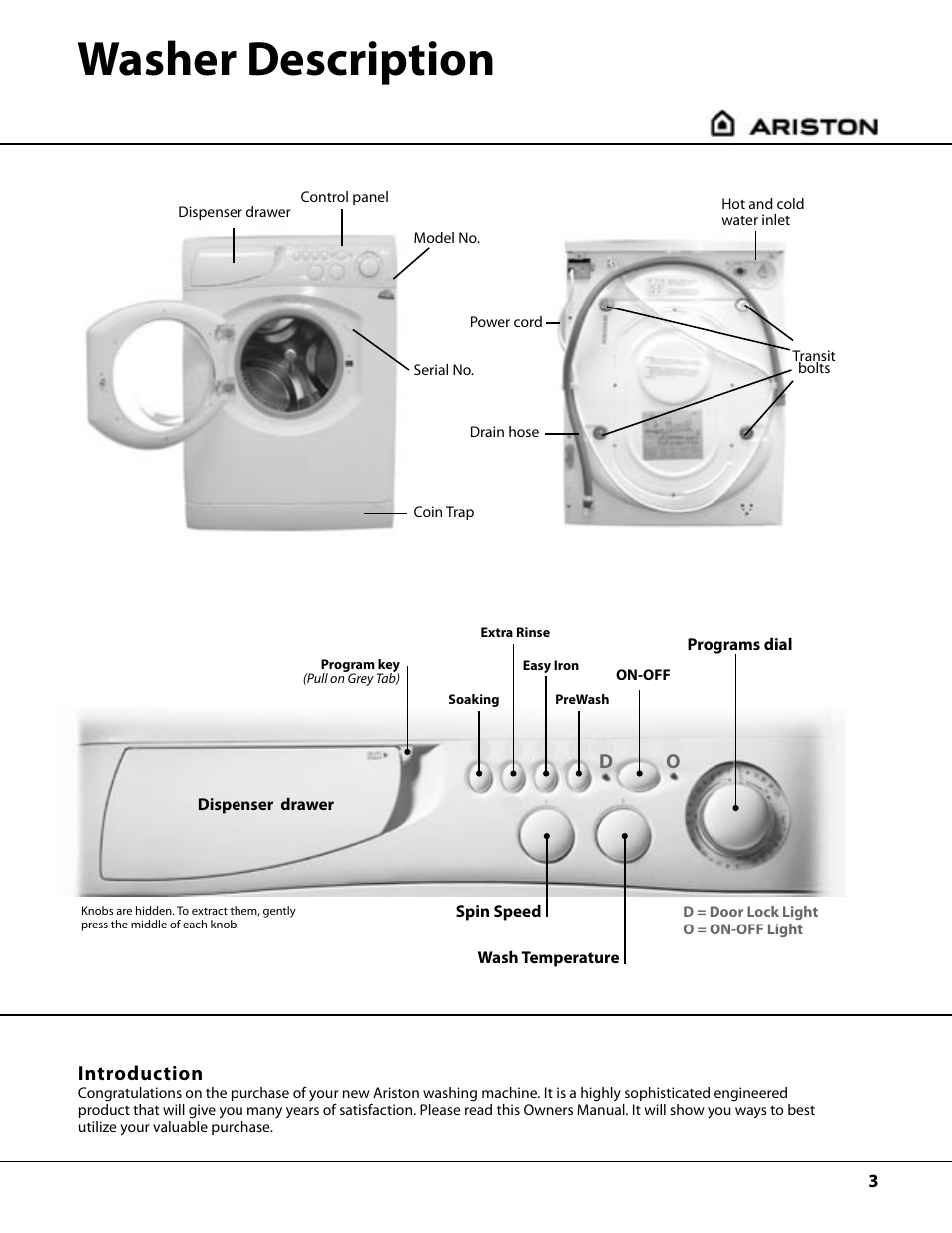 Washer description, Dintroduction | Ariston AW122 User Manual | Page 3 / 20