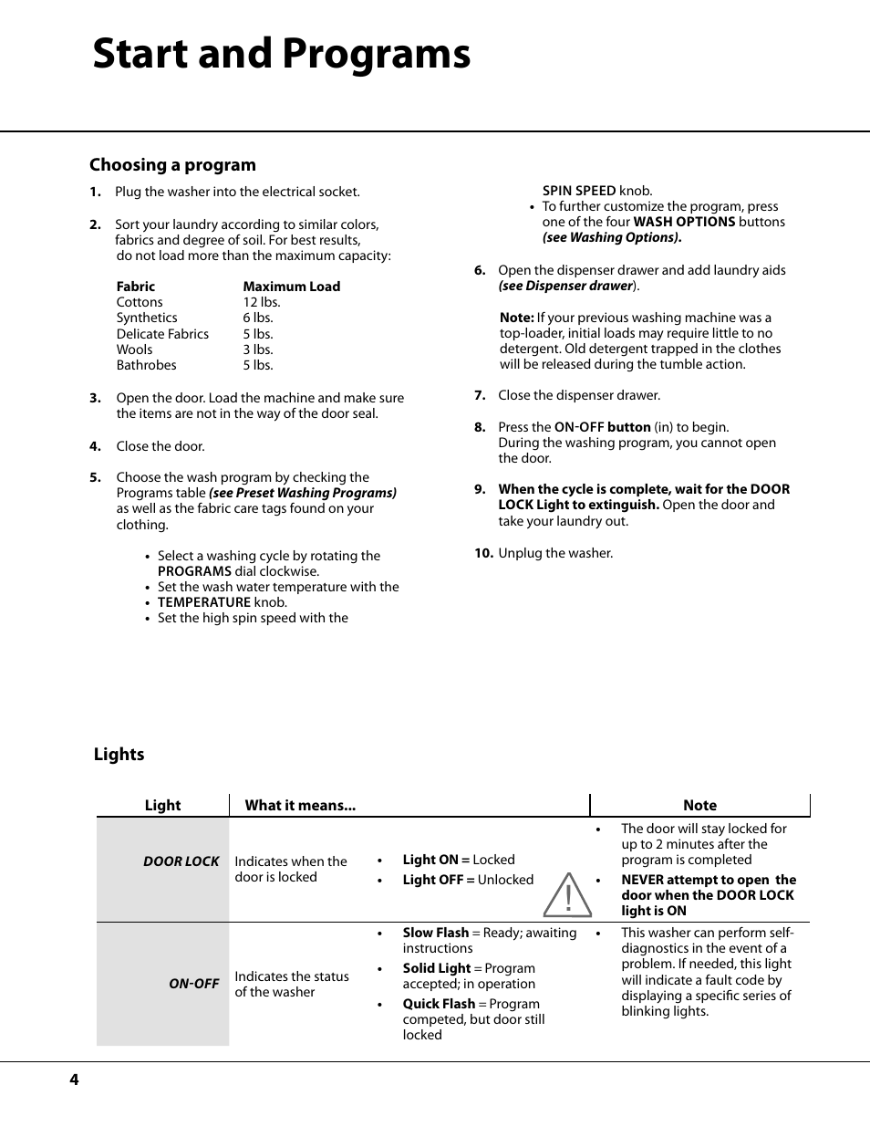 Start and programs, Choosing a program, Lights | Ariston AW122 User Manual | Page 4 / 20