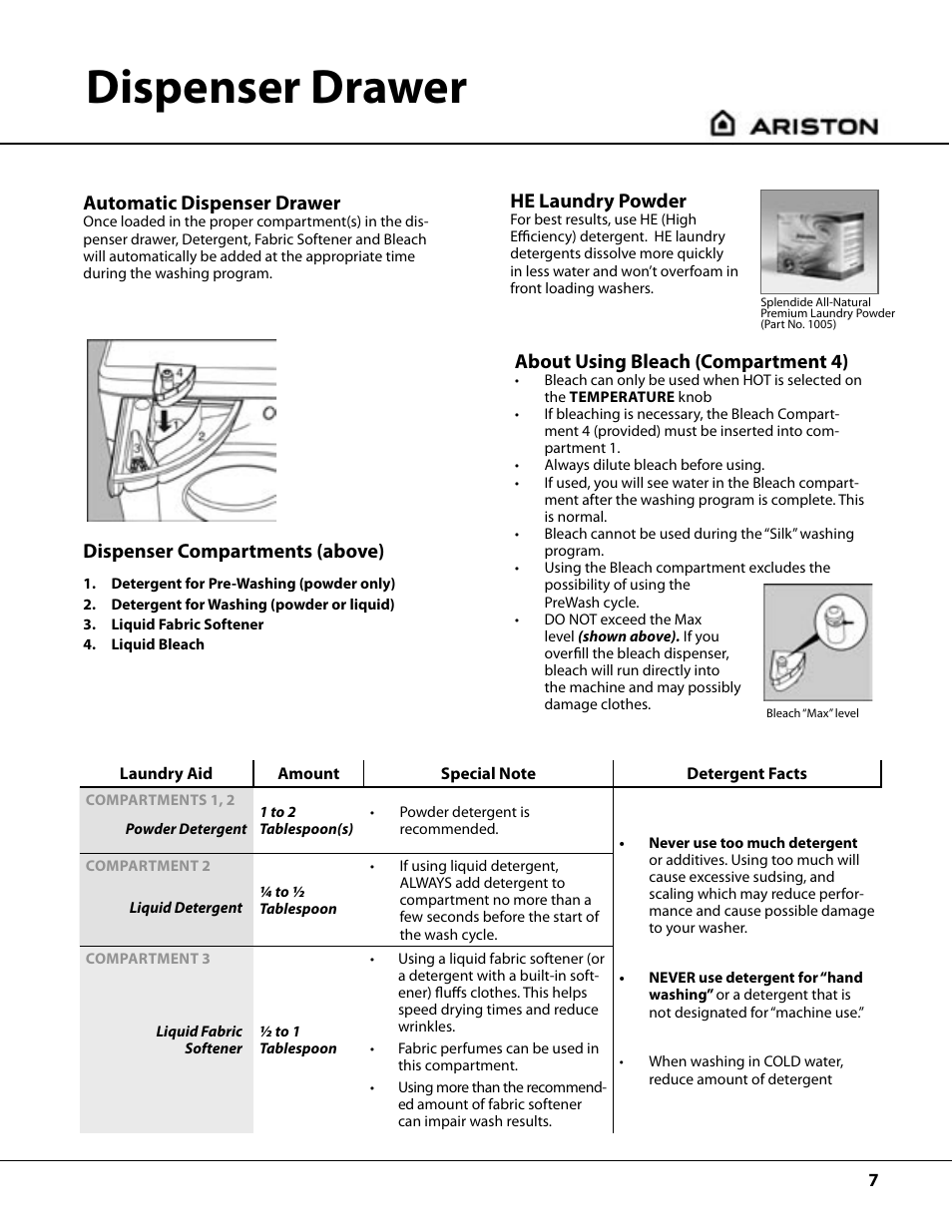 Dispenser drawer, He laundry powder, About using bleach (compartment 4) | Automatic dispenser drawer, Dispenser compartments (above) | Ariston AW122 User Manual | Page 7 / 20
