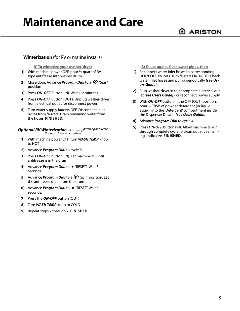 Maintenance and care, Winterization (for rv or marine installs) | Ariston AW122 User Manual | Page 9 / 20