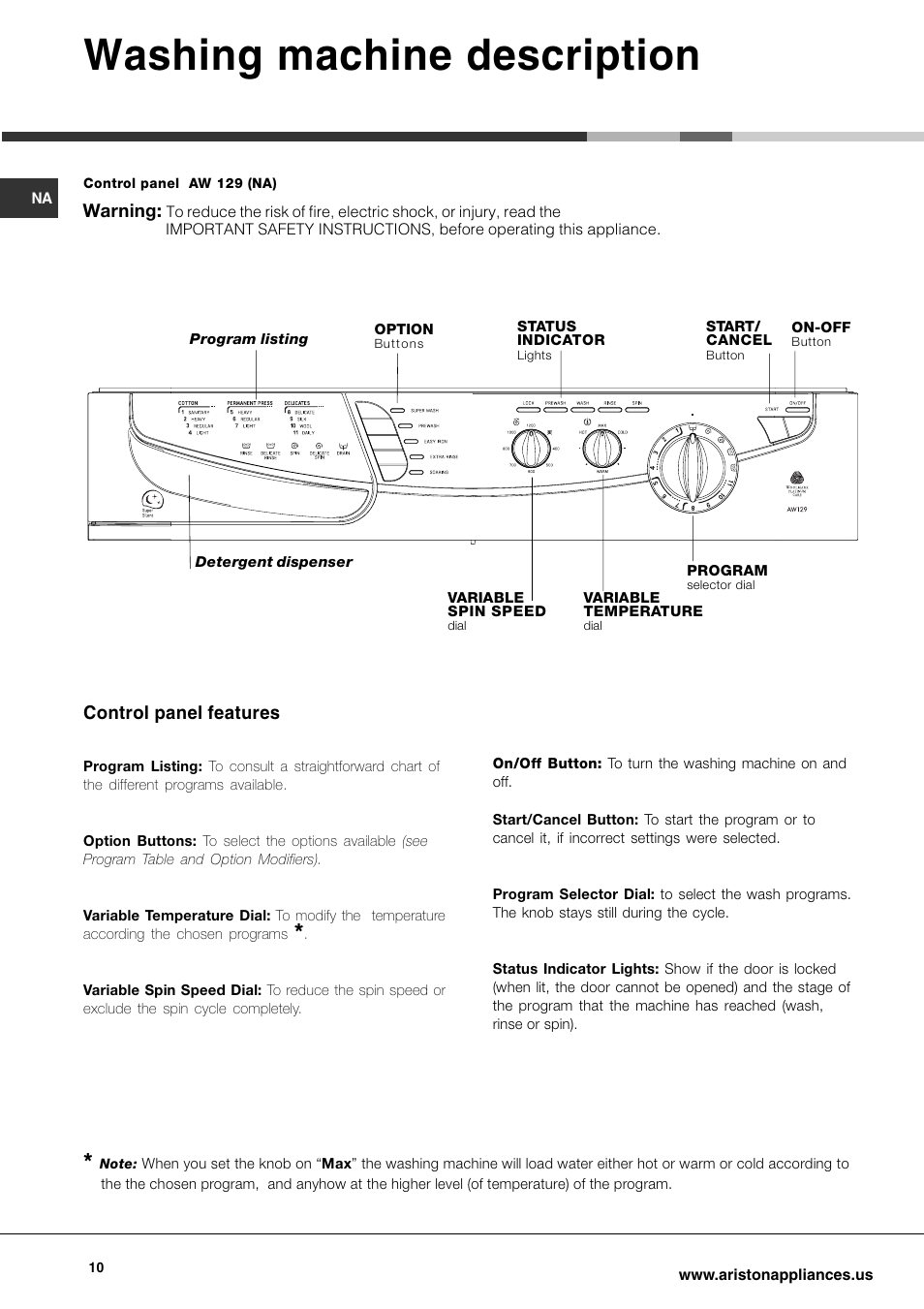 Washing machine description | Ariston AW 129 User Manual | Page 10 / 72