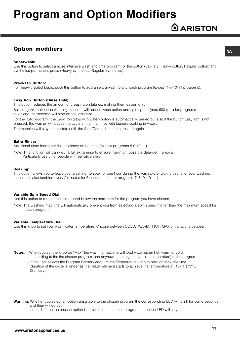Program and option modifiers, Option modifiers | Ariston AW 129 User Manual | Page 11 / 72
