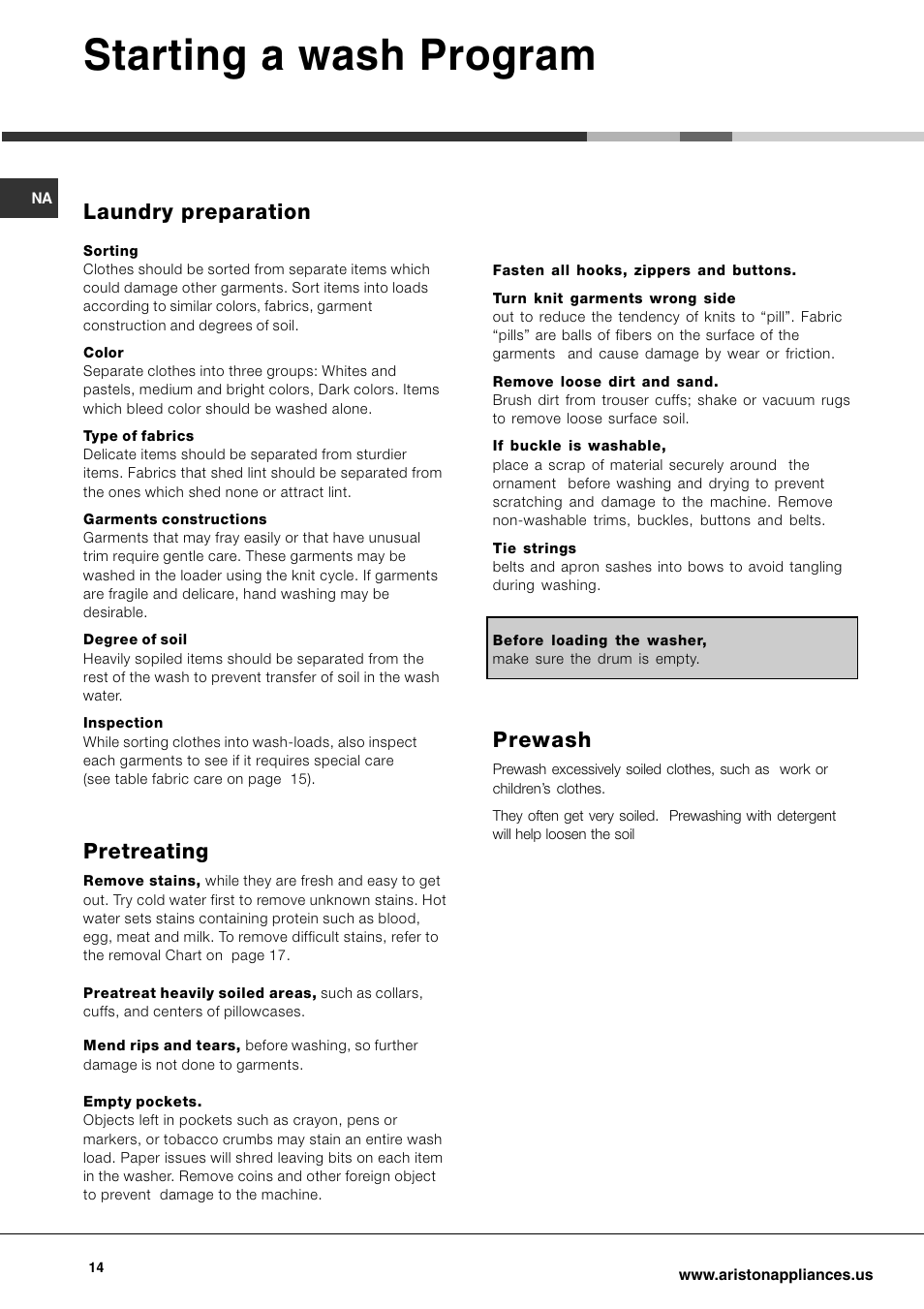 Starting a wash program, Laundry preparation, Pretreating | Prewash | Ariston AW 129 User Manual | Page 14 / 72