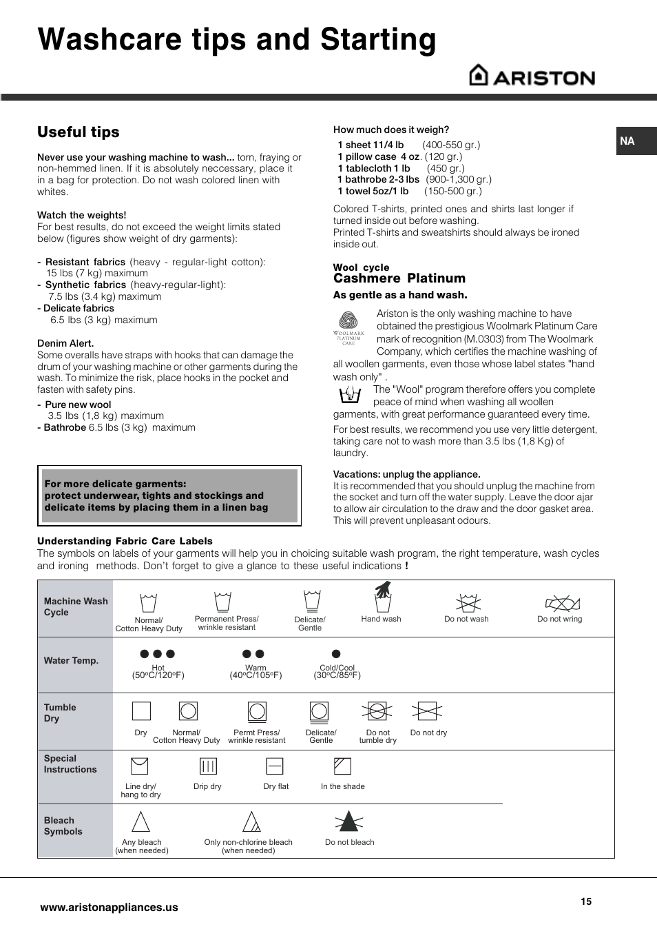 Washcare tips and starting, Useful tips, Cashmere platinum | Ariston AW 129 User Manual | Page 15 / 72