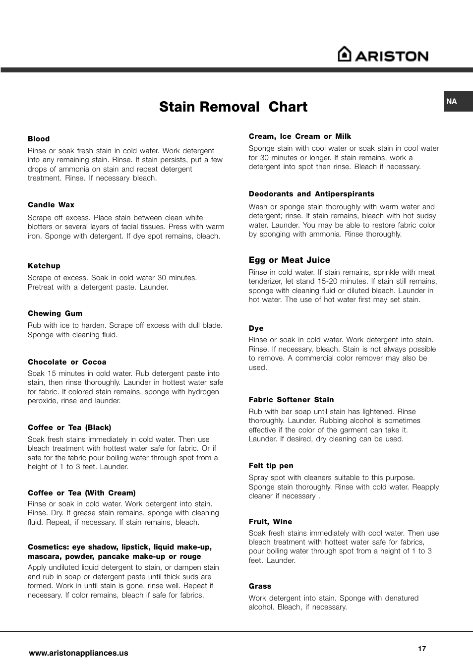 Stain removal chart | Ariston AW 129 User Manual | Page 17 / 72