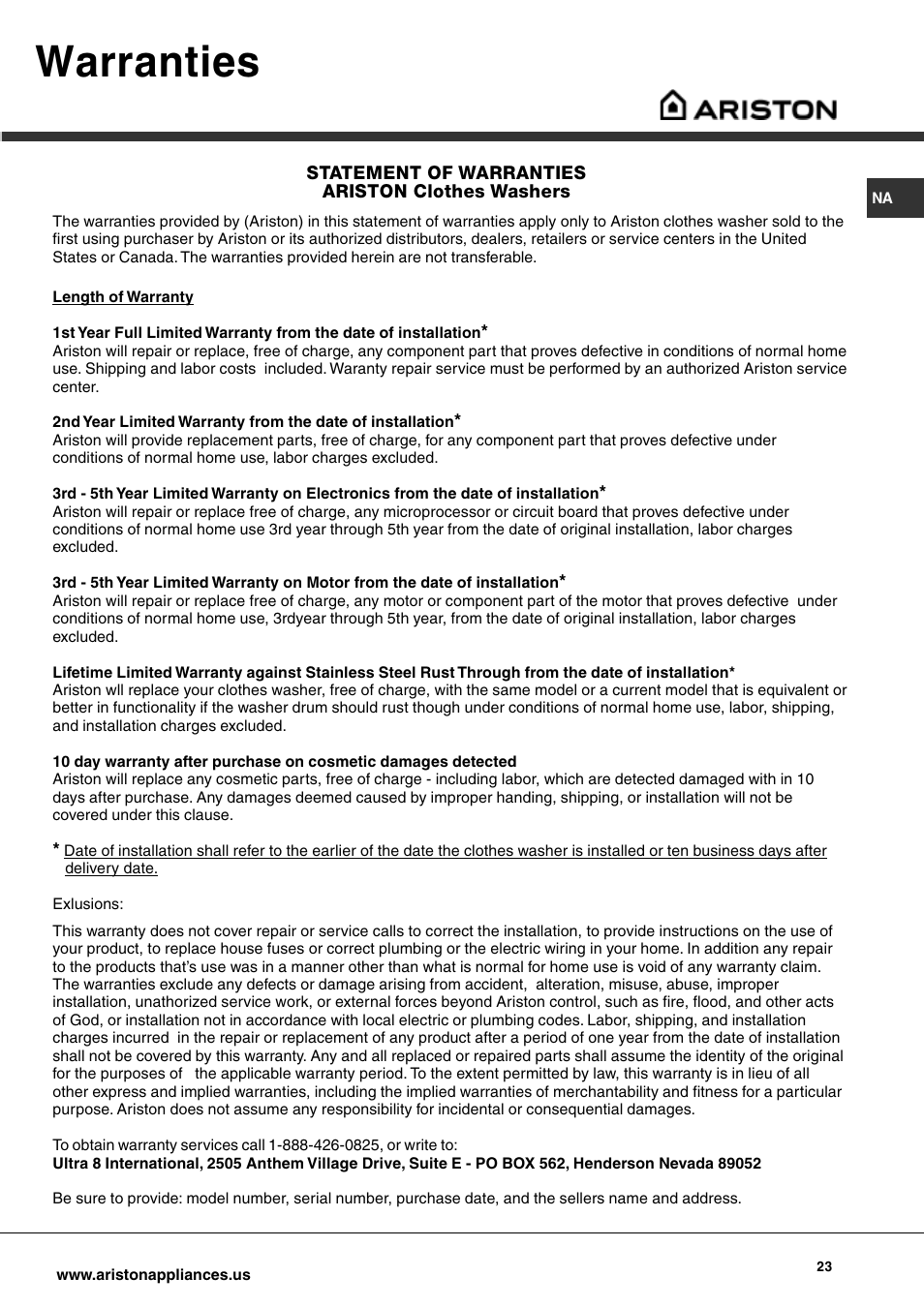 Warranties | Ariston AW 129 User Manual | Page 23 / 72
