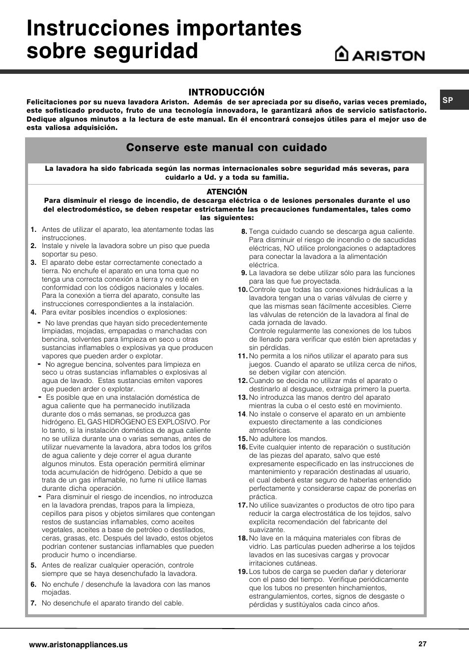 Instrucciones importantes sobre seguridad, Conserve este manual con cuidado, Introducción | Ariston AW 129 User Manual | Page 27 / 72