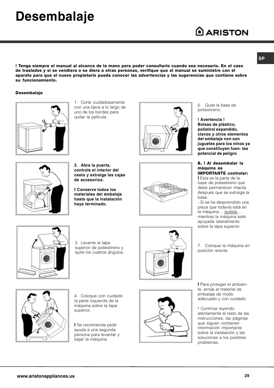 Desembalaje | Ariston AW 129 User Manual | Page 29 / 72