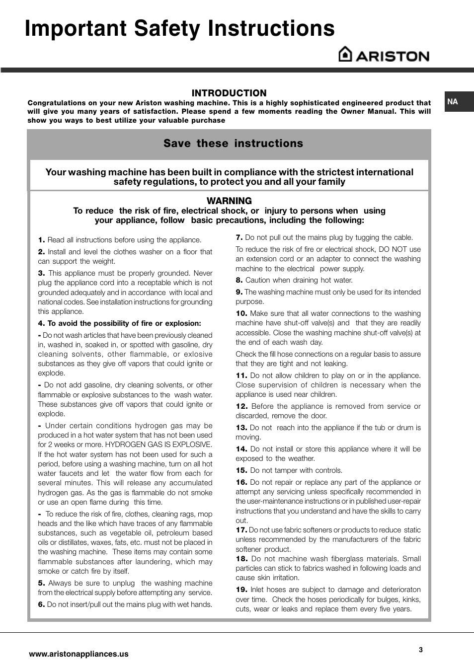 Important safety instructions, Save these instructions | Ariston AW 129 User Manual | Page 3 / 72