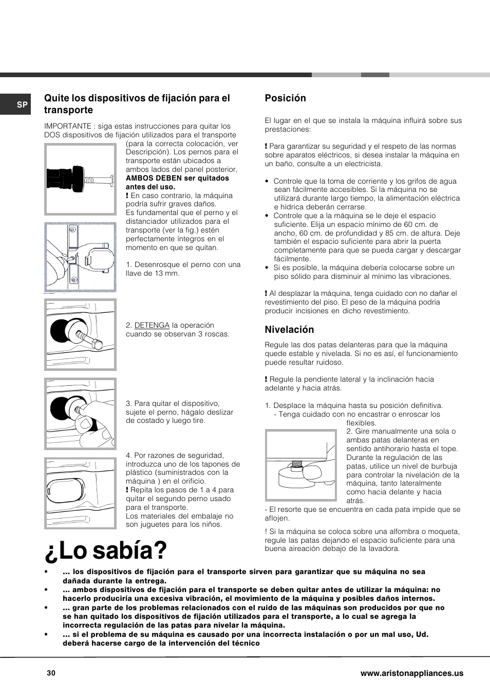 Lo sabía, Posición, Nivelación | Ariston AW 129 User Manual | Page 30 / 72