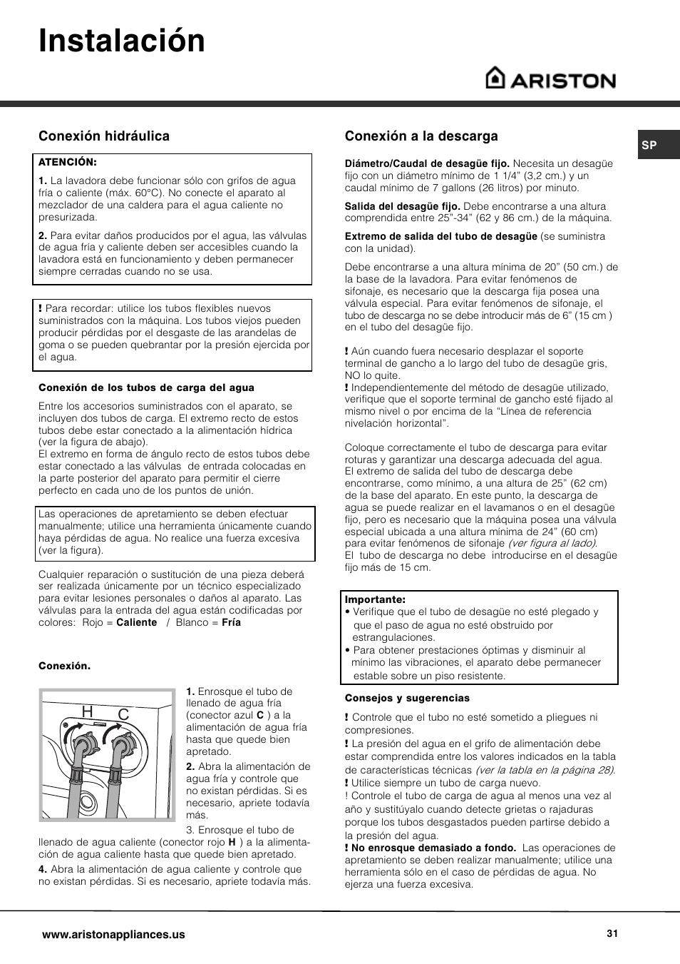 Instalación, Conexión a la descarga, Conexión hidráulica | Ariston AW 129 User Manual | Page 31 / 72