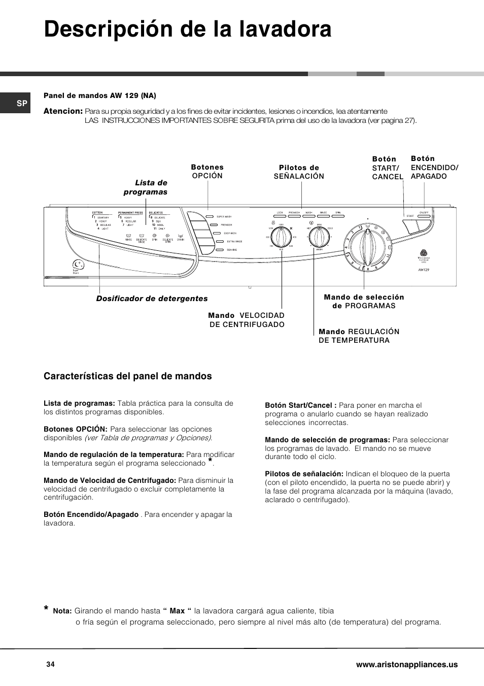 Descripción de la lavadora, Características del panel de mandos | Ariston AW 129 User Manual | Page 34 / 72