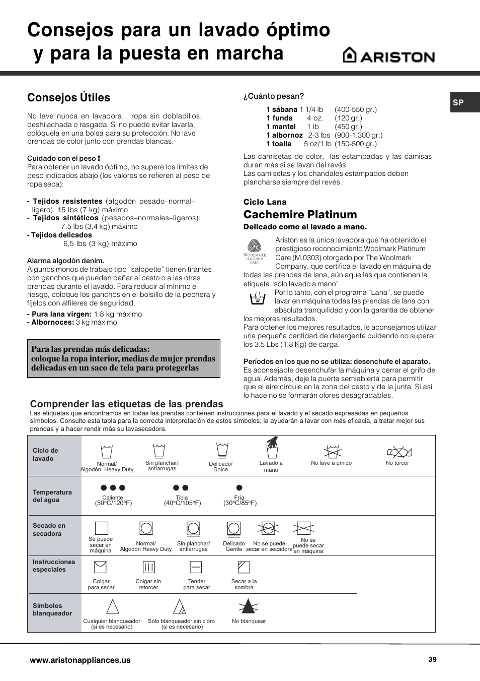 Consejos útiles, Cachemire platinum, Comprender las etiquetas de las prendas | Ariston AW 129 User Manual | Page 39 / 72