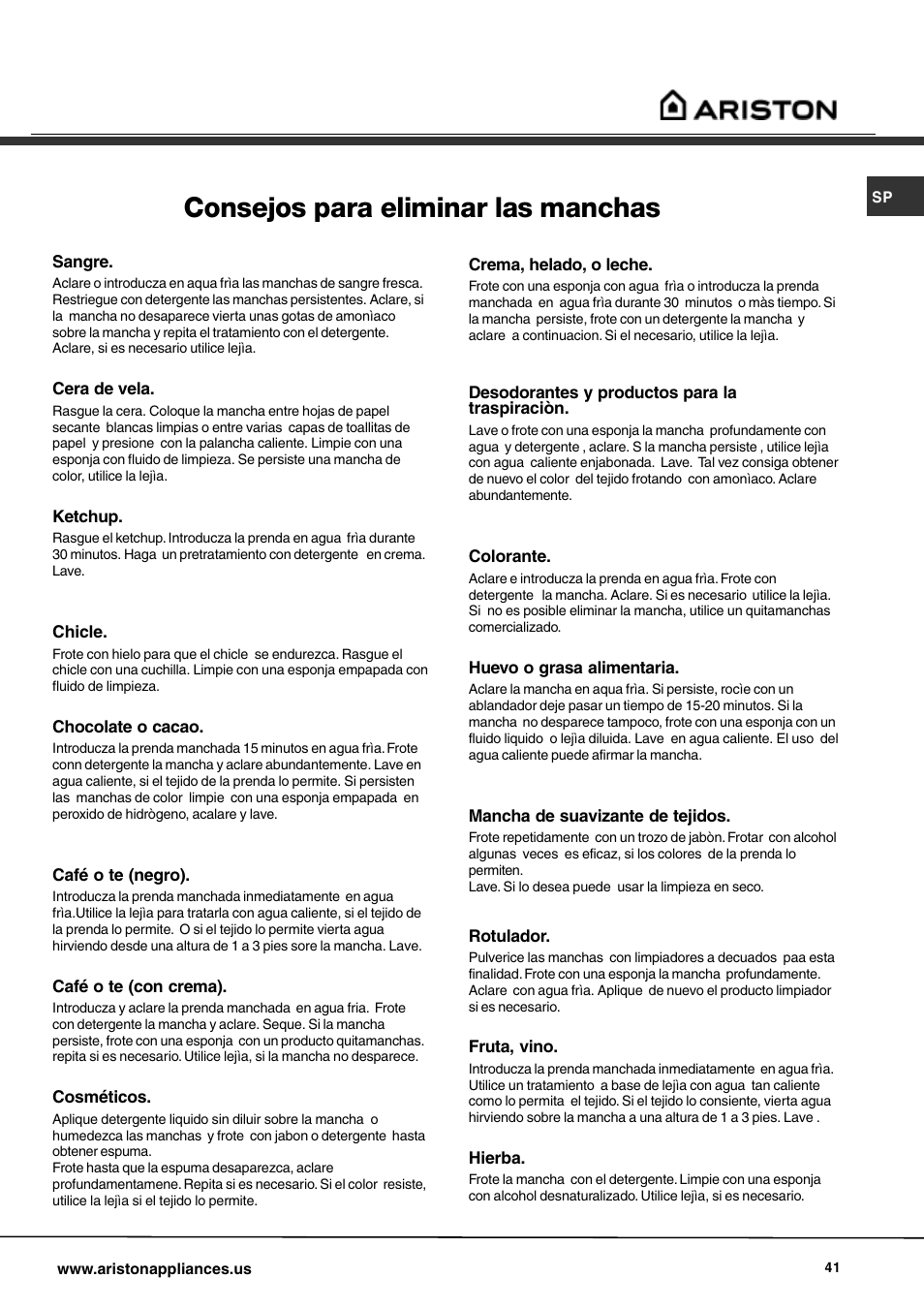 Consejos para eliminar las manchas | Ariston AW 129 User Manual | Page 41 / 72