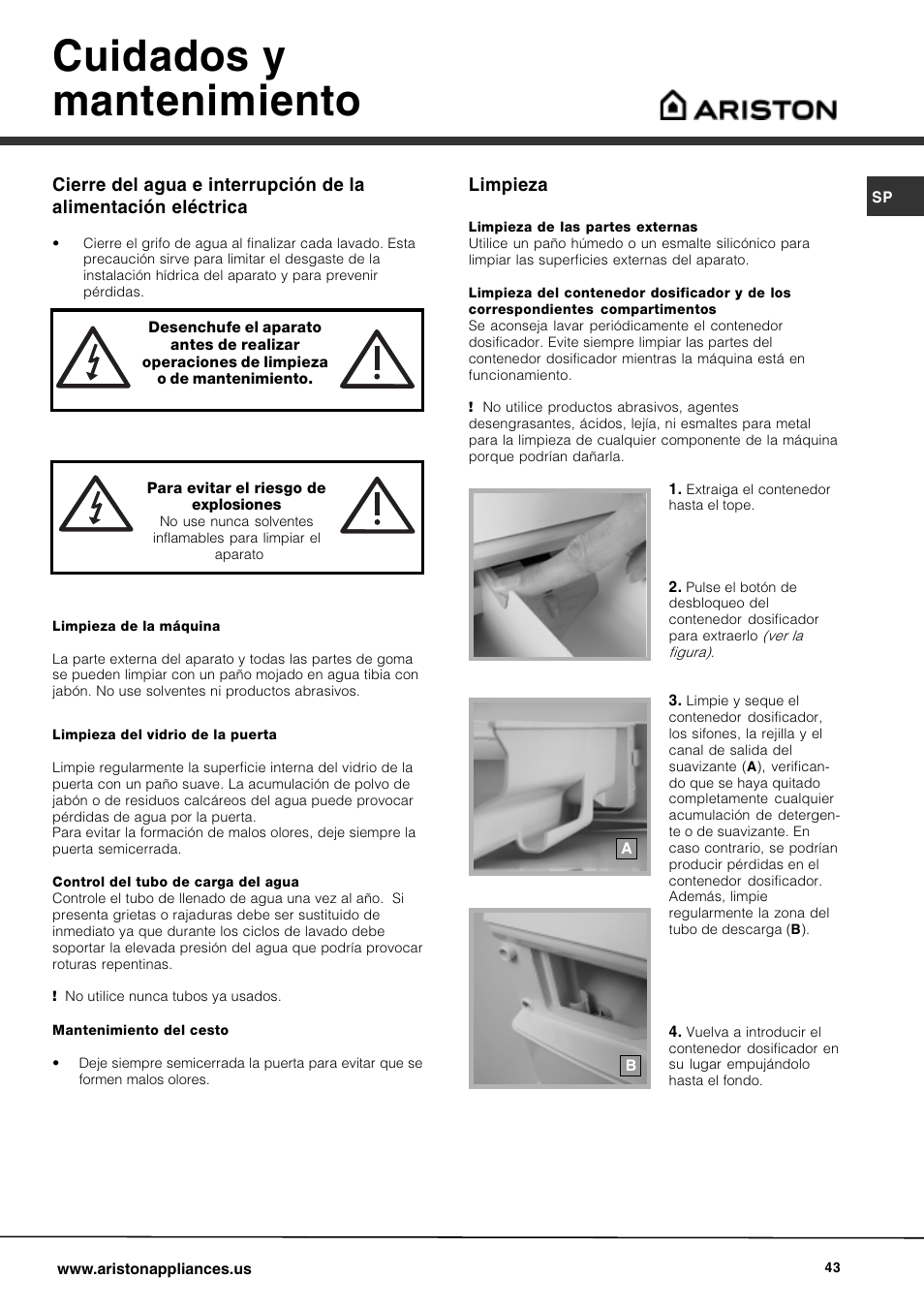 Cuidados y mantenimiento, Limpieza | Ariston AW 129 User Manual | Page 43 / 72