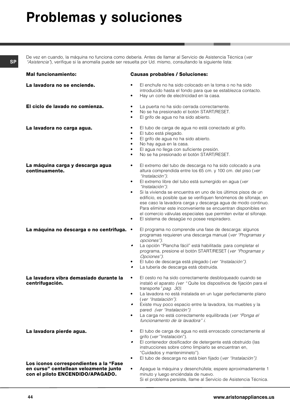 Problemas y soluciones | Ariston AW 129 User Manual | Page 44 / 72