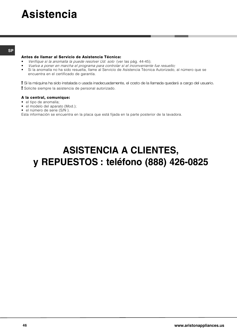 Asistencia | Ariston AW 129 User Manual | Page 46 / 72