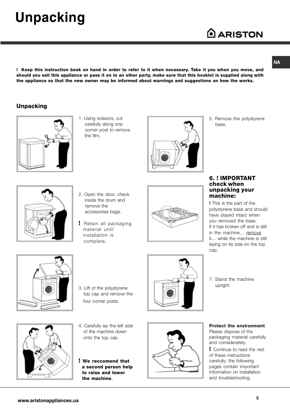 Unpacking | Ariston AW 129 User Manual | Page 5 / 72