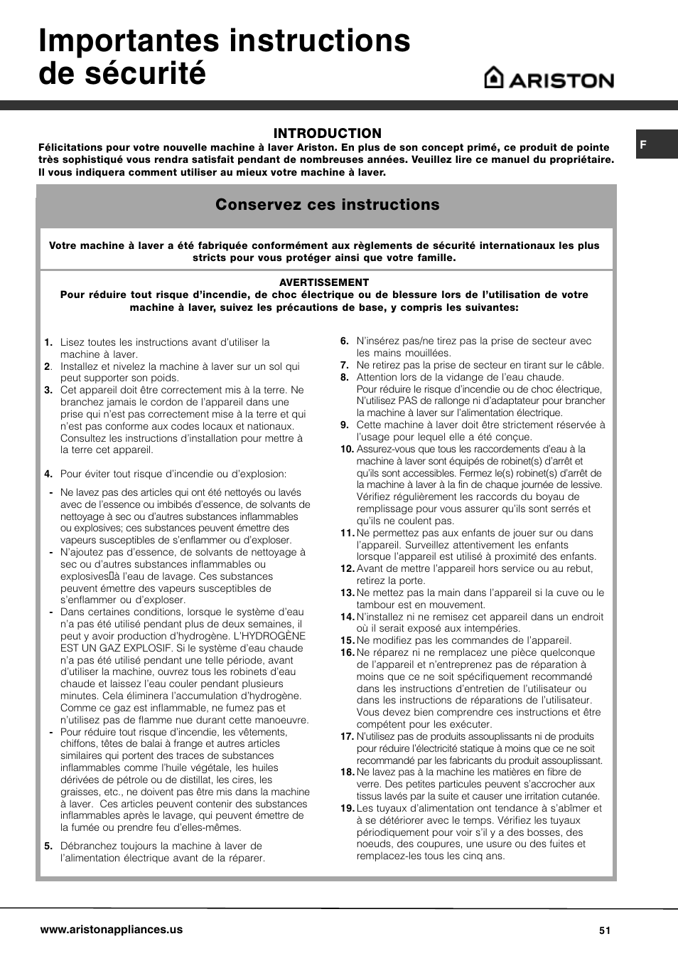 Importantes instructions de sécurité, Conservez ces instructions, Introduction | Ariston AW 129 User Manual | Page 51 / 72