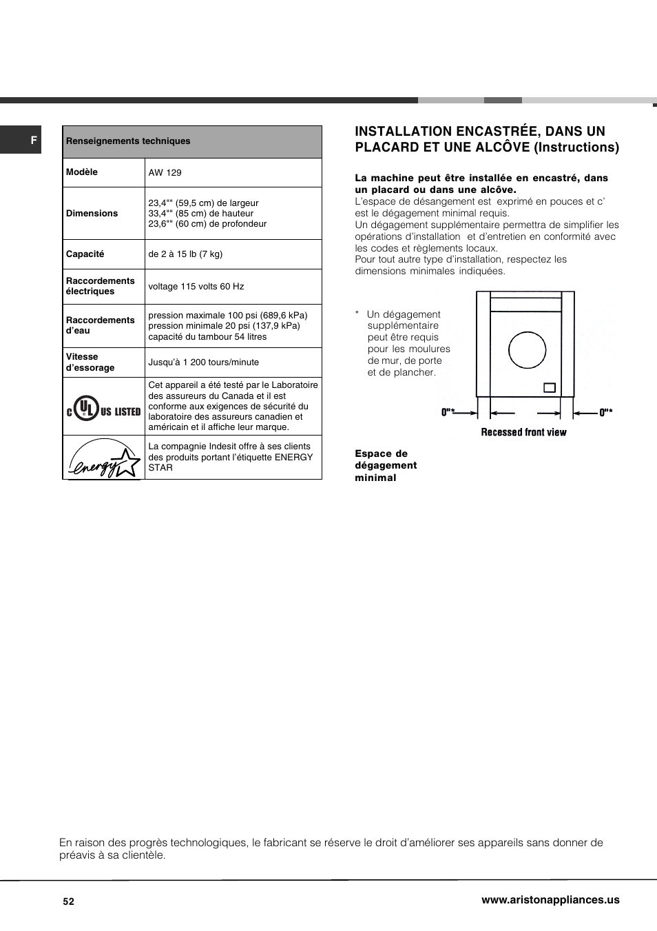 Ariston AW 129 User Manual | Page 52 / 72