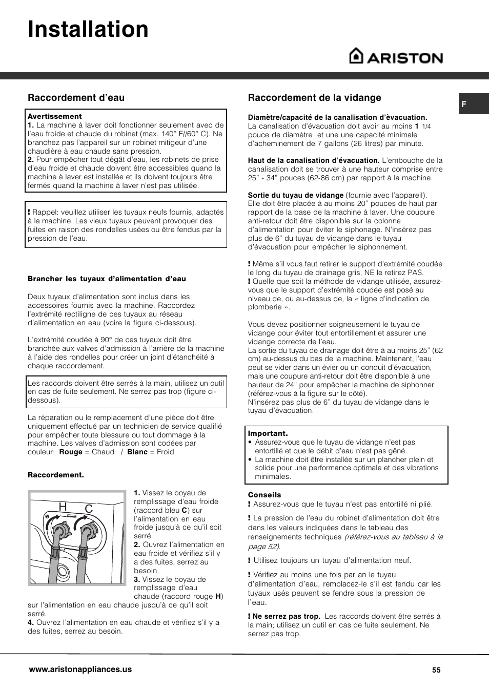 Installation, Raccordement de la vidange, Raccordement deau | Ariston AW 129 User Manual | Page 55 / 72