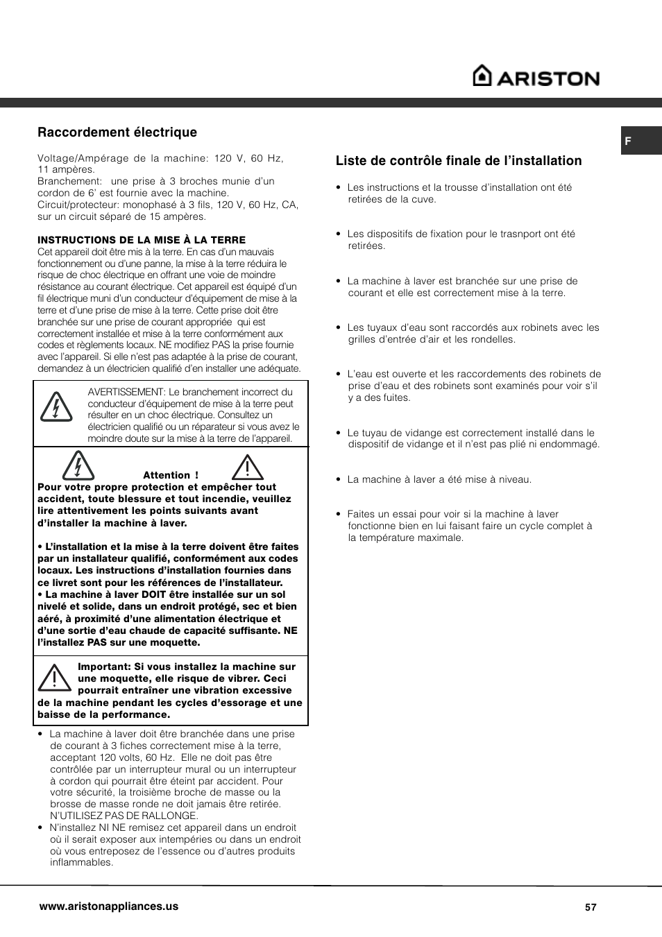 Raccordement électrique, Liste de contrôle finale de linstallation | Ariston AW 129 User Manual | Page 57 / 72