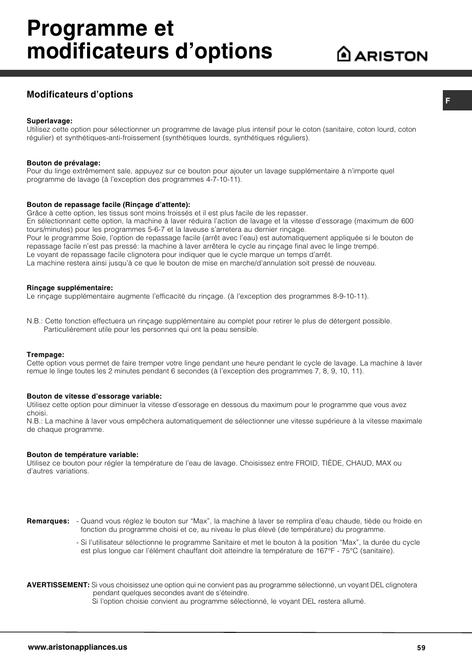 Programme et modificateurs doptions | Ariston AW 129 User Manual | Page 59 / 72