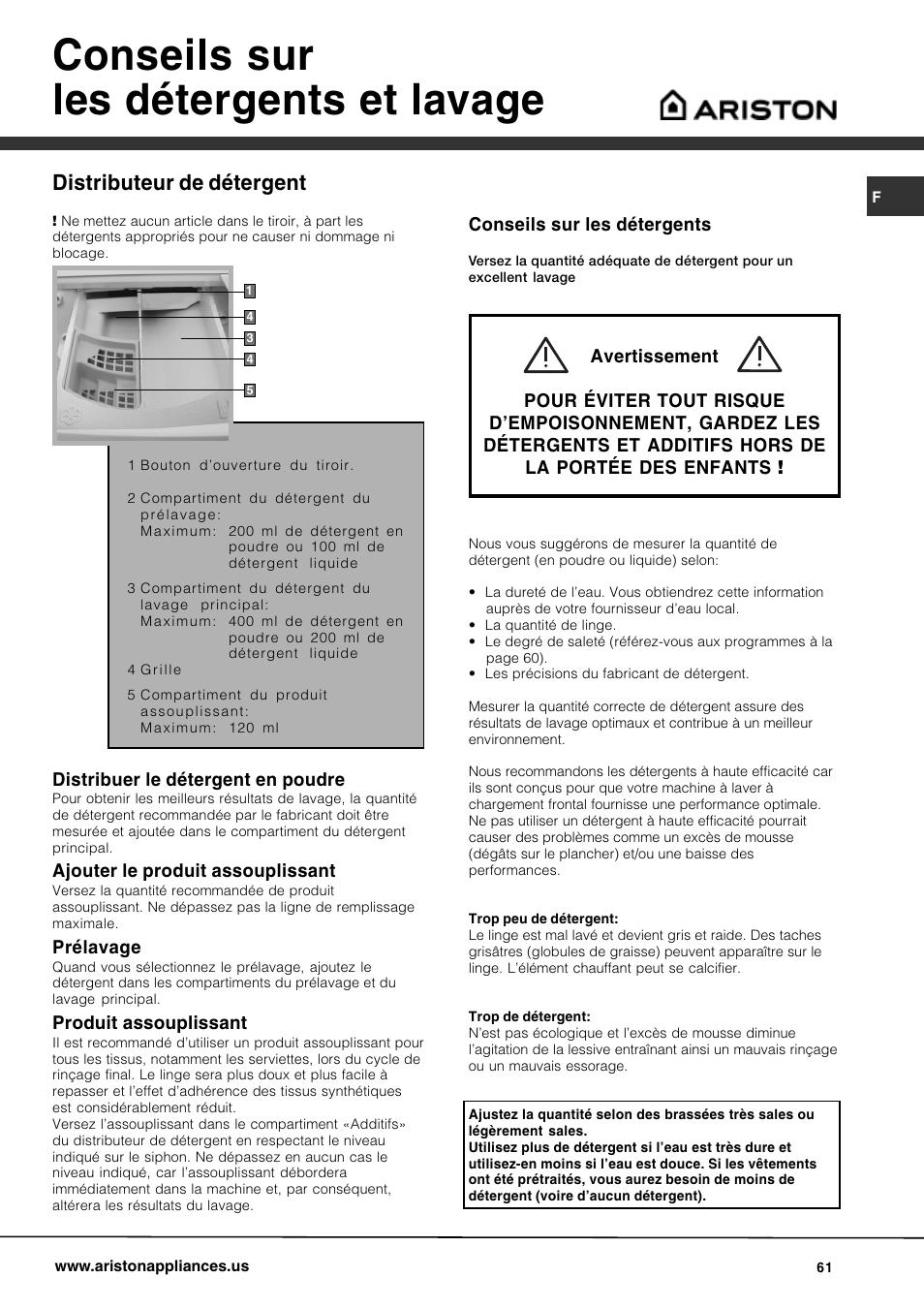 Conseils sur les détergents et lavage, Distributeur de détergent, Distribuer le détergent en poudre | Ajouter le produit assouplissant, Prélavage, Produit assouplissant, Conseils sur les détergents | Ariston AW 129 User Manual | Page 61 / 72