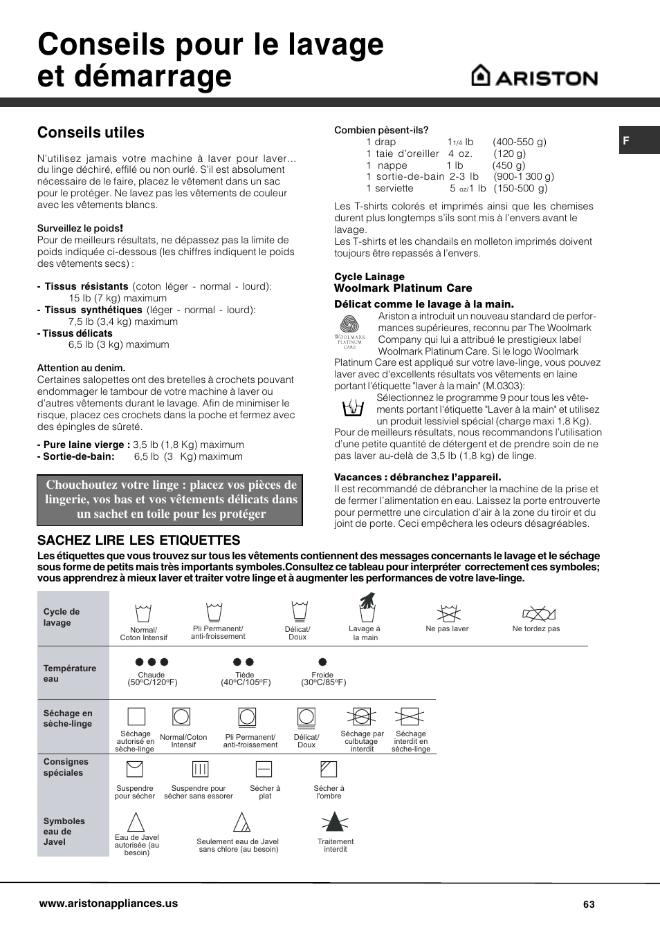 Conseils pour le lavage et démarrage, Conseils utiles, Sachez lire les etiquettes | Ariston AW 129 User Manual | Page 63 / 72