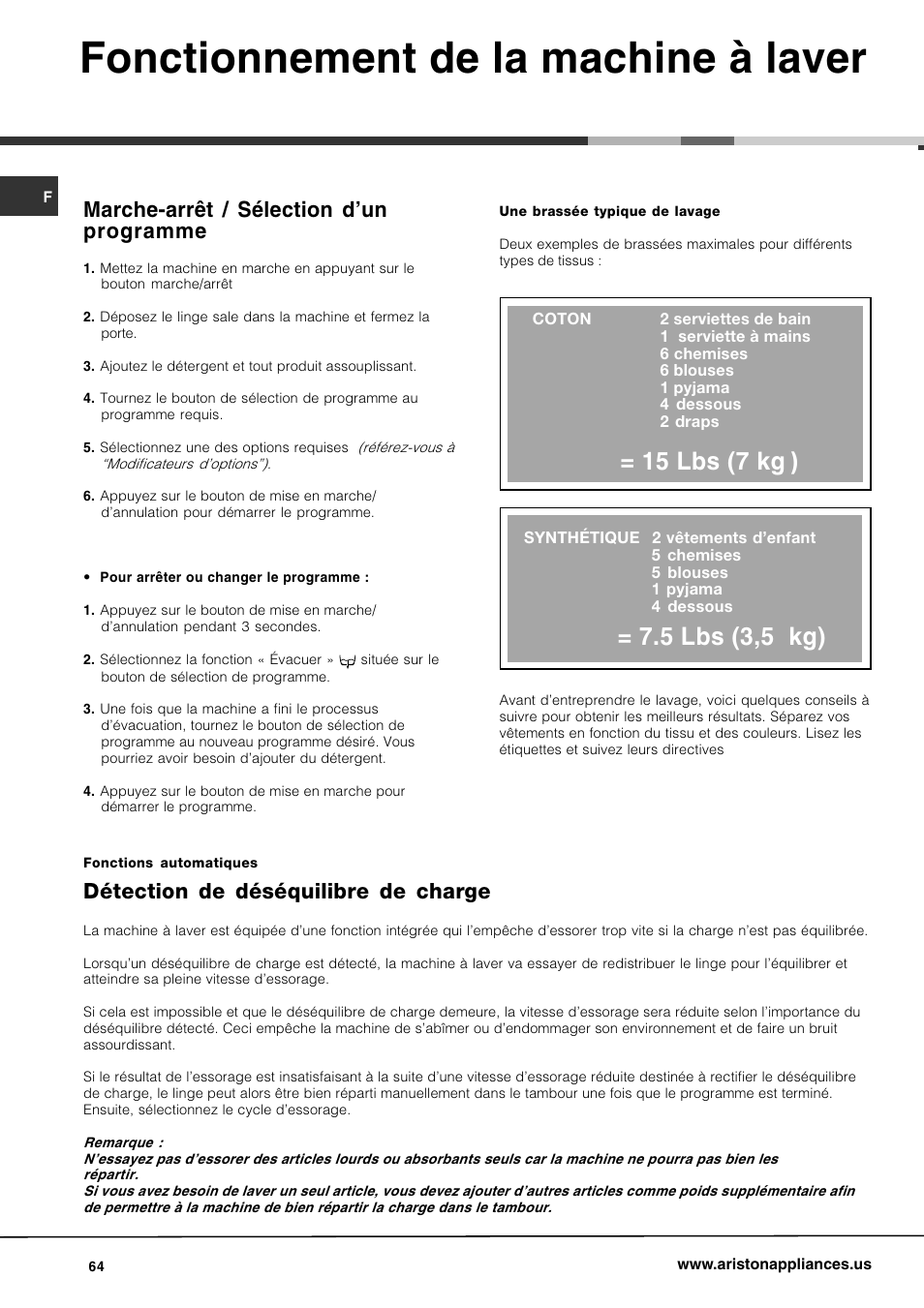 Fonctionnement de la machine à laver, 15 lbs (7 kg, 5 lbs (3,5 kg) | Marche-arrêt / sélection dun programme, Détection de déséquilibre de charge | Ariston AW 129 User Manual | Page 64 / 72