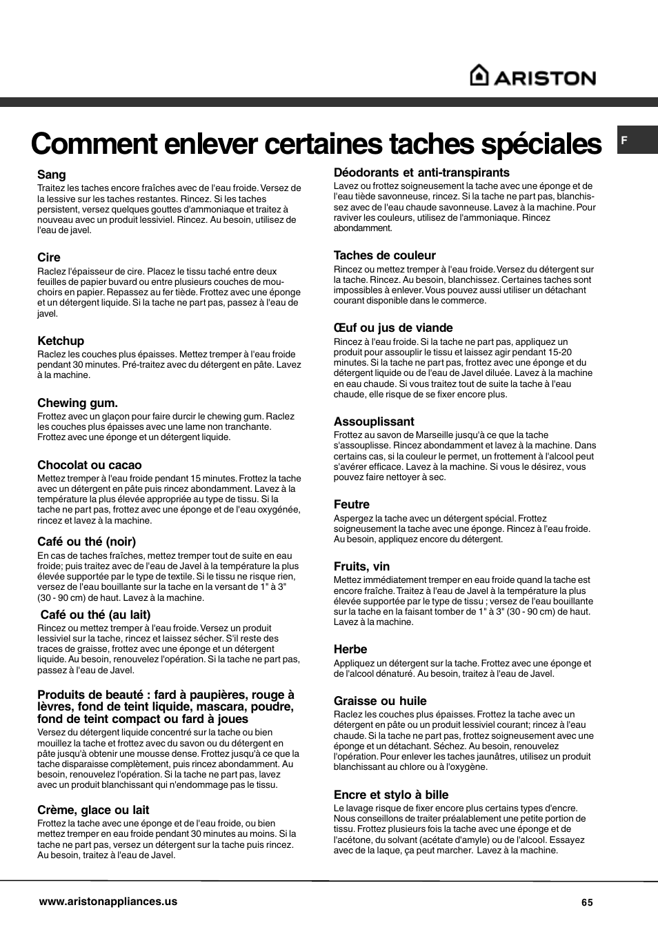 Comment enlever certaines taches spéciales | Ariston AW 129 User Manual | Page 65 / 72