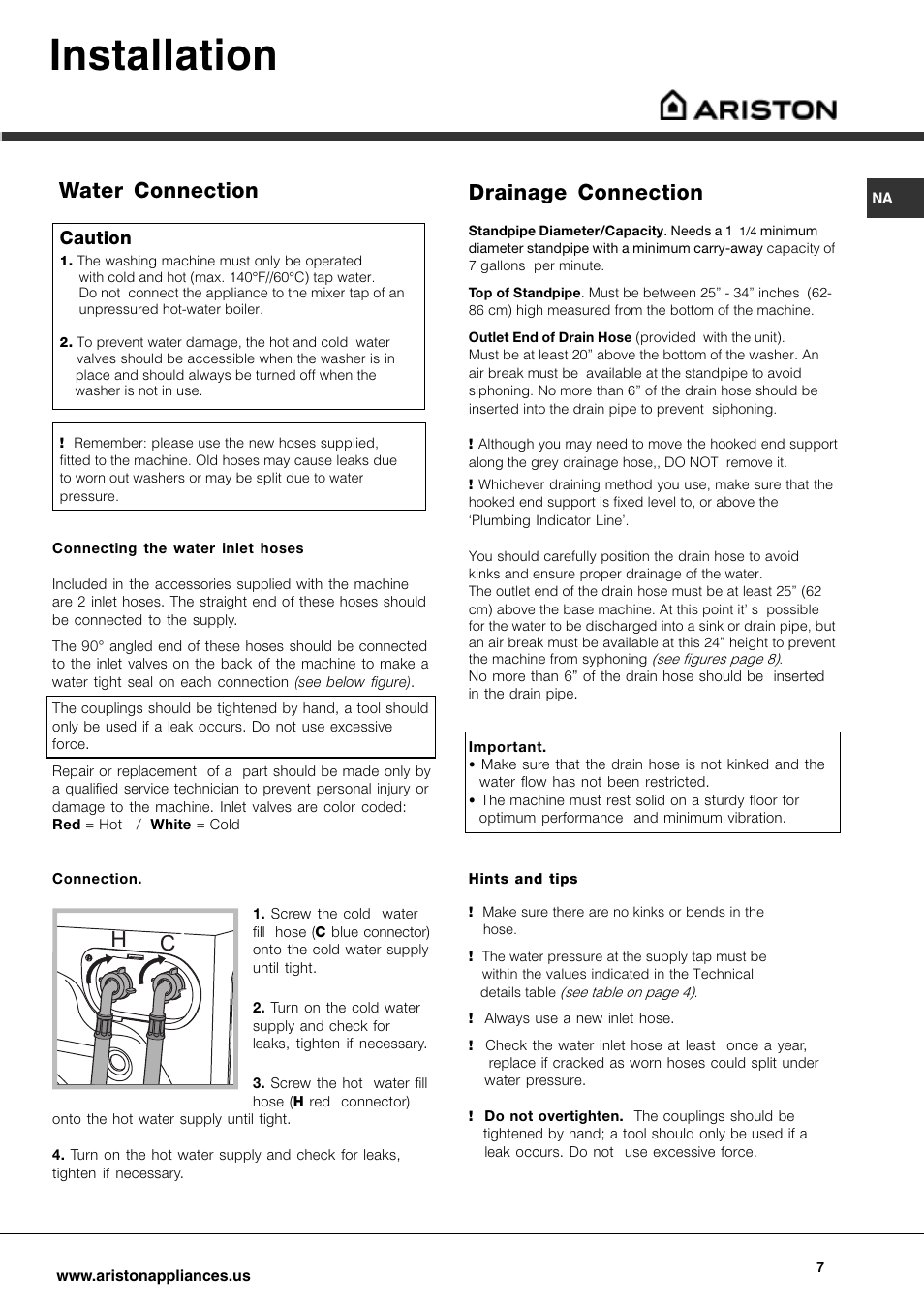 Installation, Water connection, Drainage connection | Caution | Ariston AW 129 User Manual | Page 7 / 72