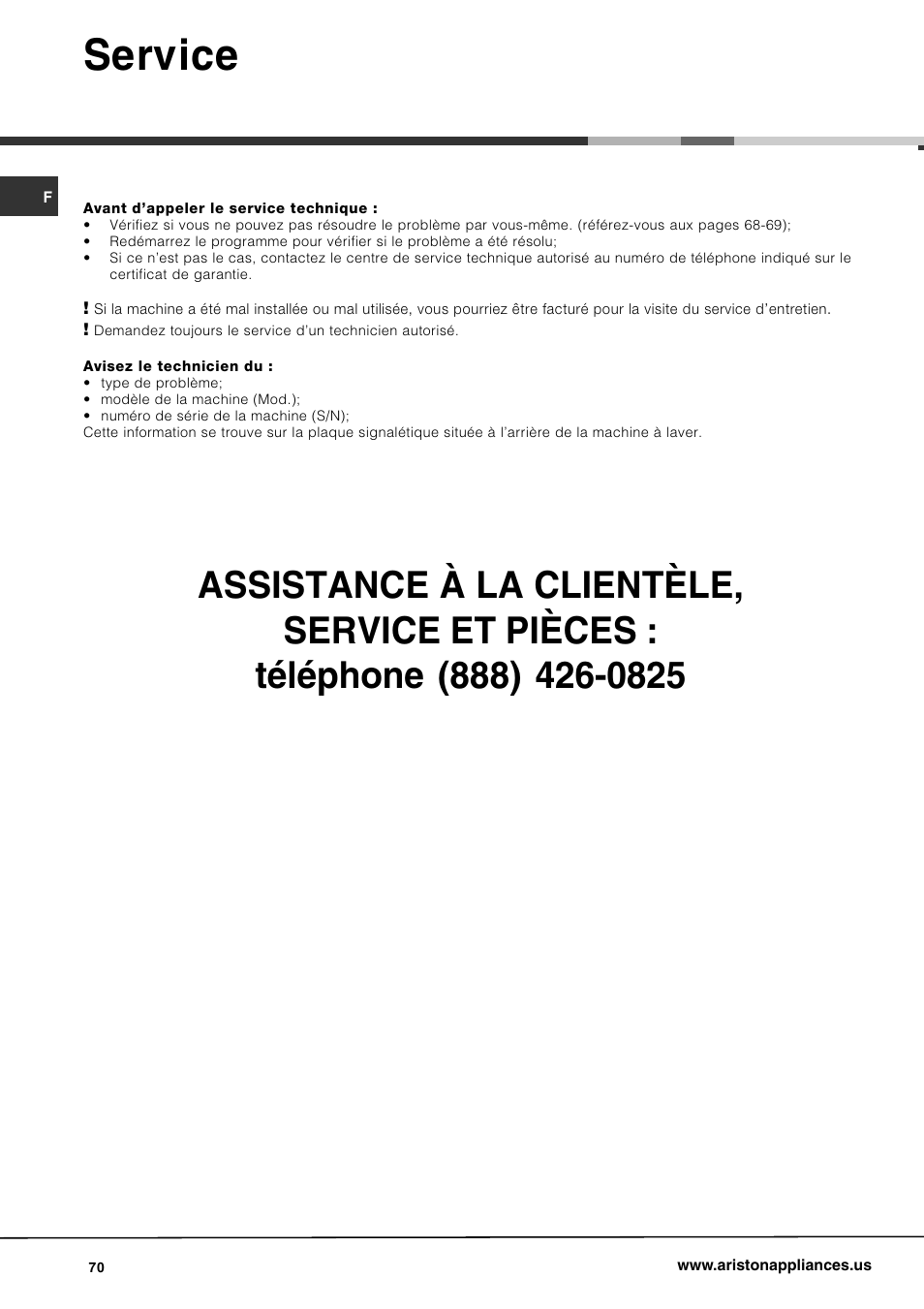 Service | Ariston AW 129 User Manual | Page 70 / 72