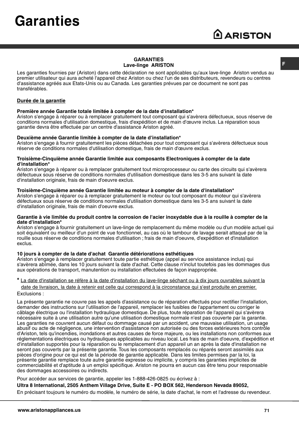 Garanties | Ariston AW 129 User Manual | Page 71 / 72