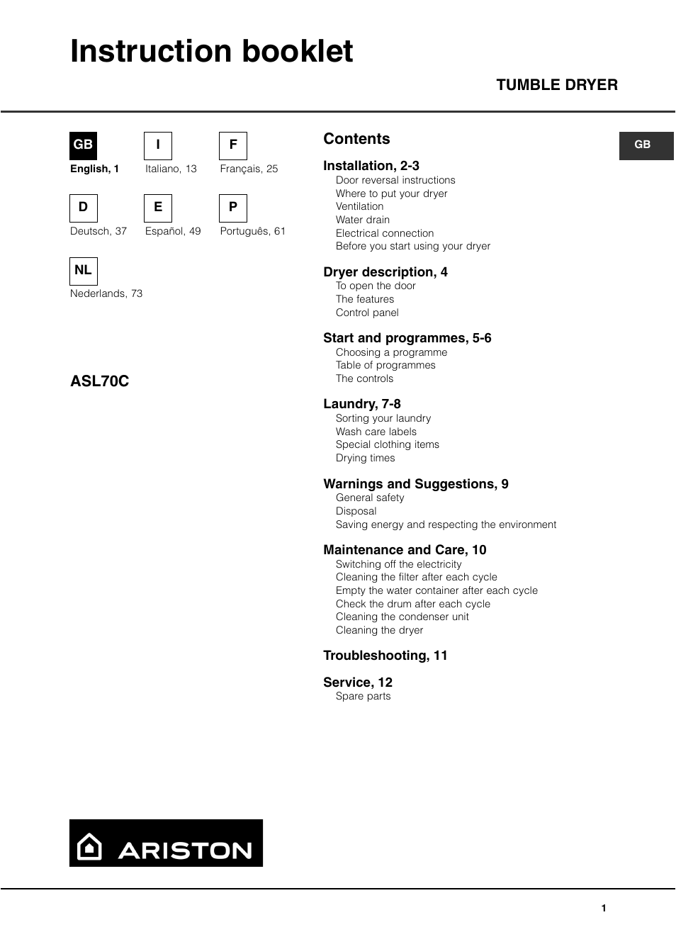 Ariston ASL70C User Manual | 84 pages